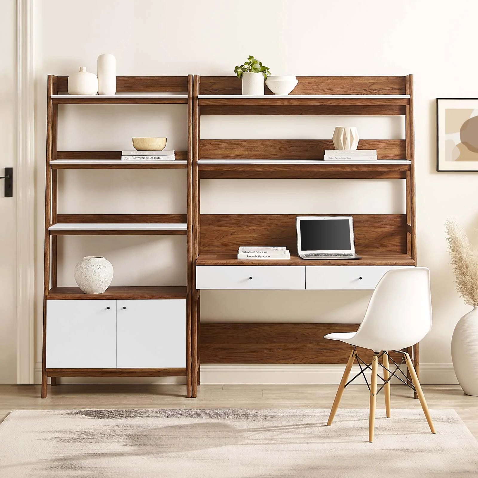 2-Piece Wood Office Desk and Bookshelf in Walnut White C9735