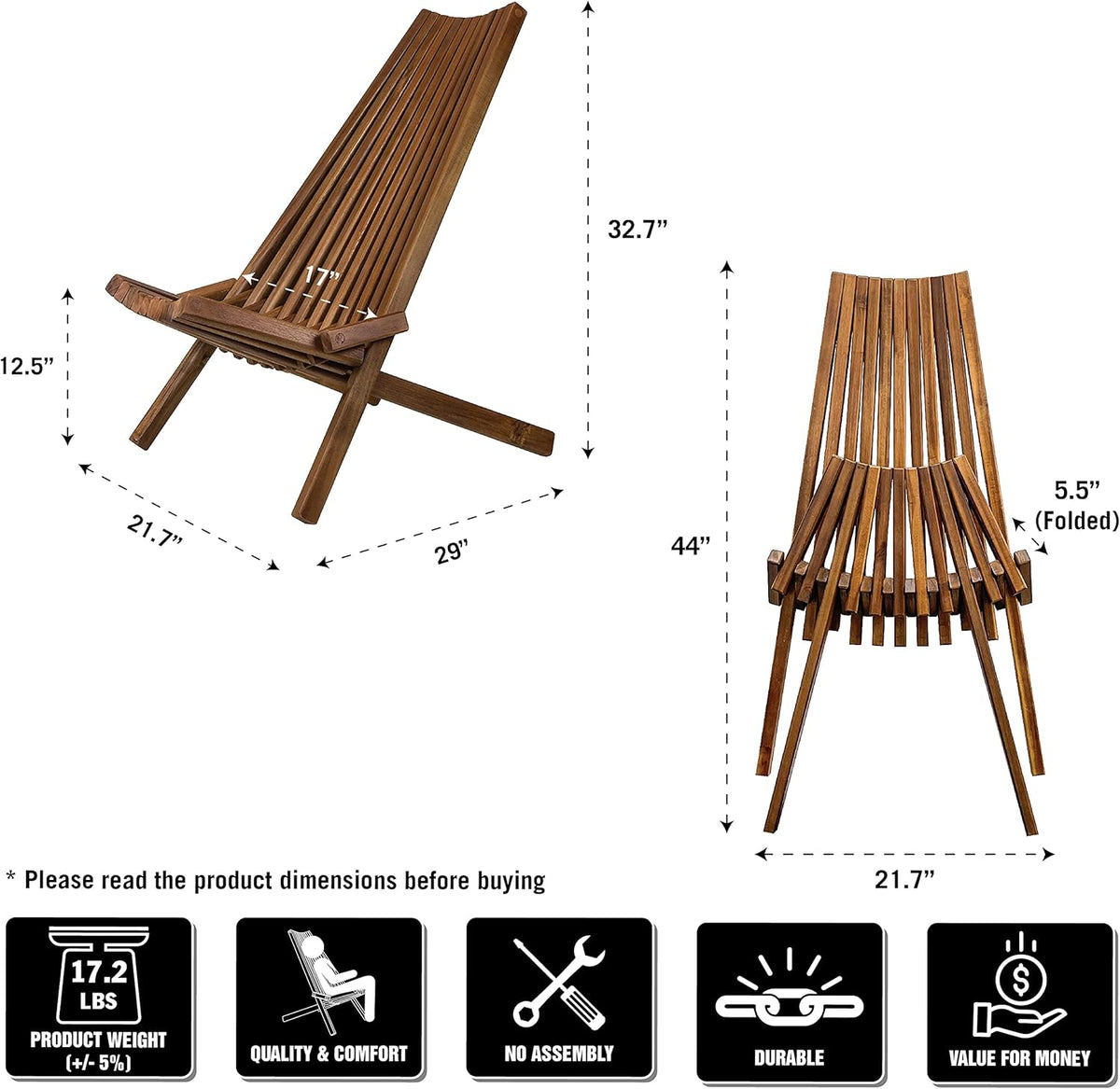 Folding Acacia Wood Outdoor Lounge Chair X244914