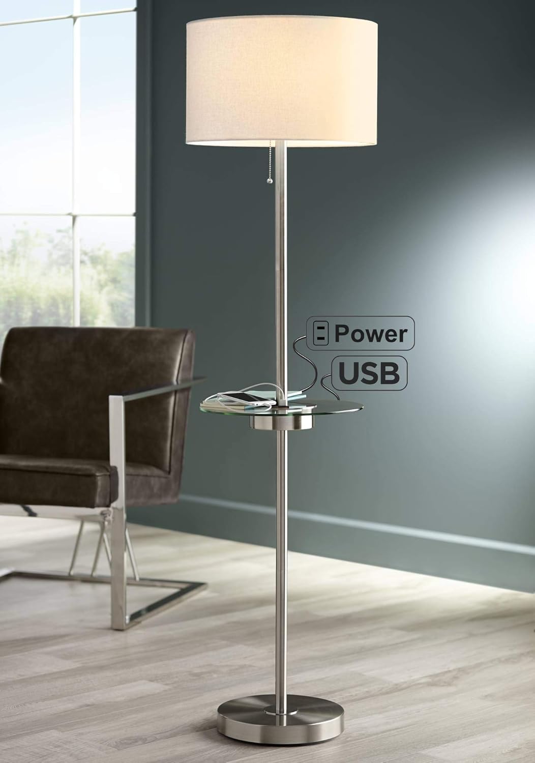 Modern Contemporary Floor Lamp with Tray USB and AC Power Outlet Glass Satin Nickel White Fabric Drum Shade H221449