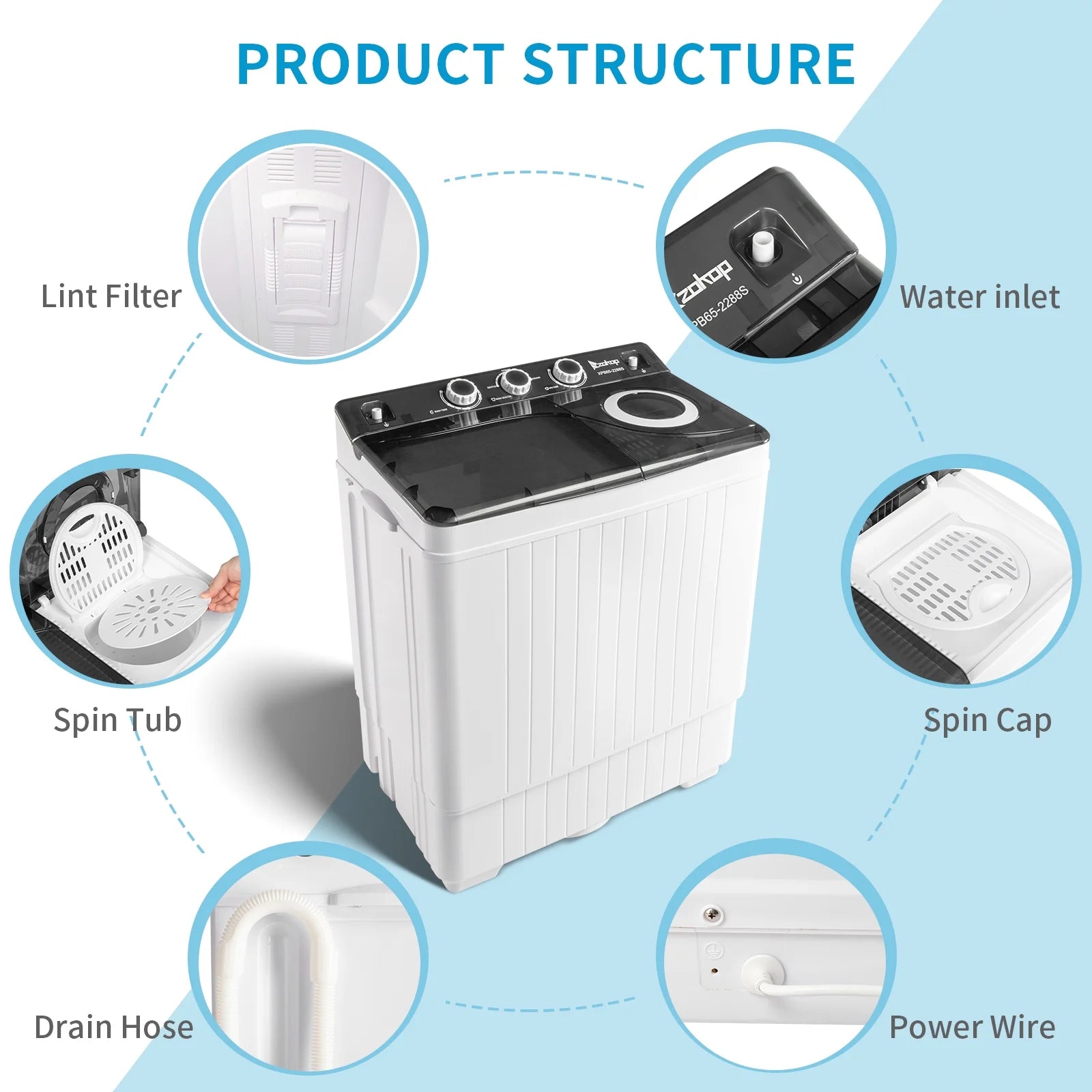 Semi-automatic Twin Tub Washing Machine, 26Lbs, White&Black M964482