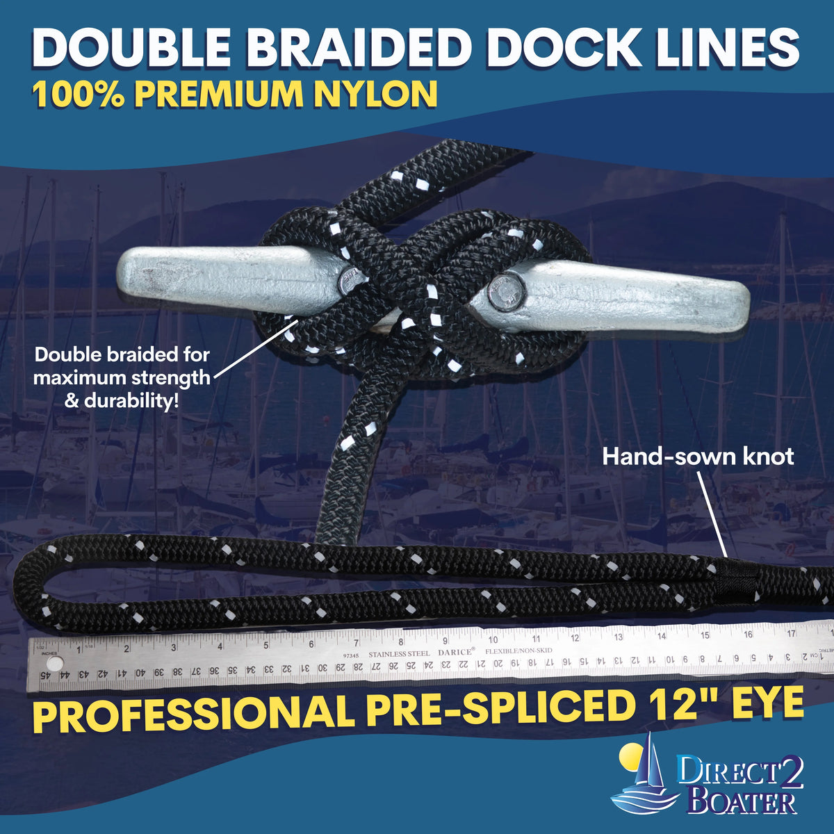 3/8" x 15' Black (2 Pack) Double Braided Nylon Dock Line J8347