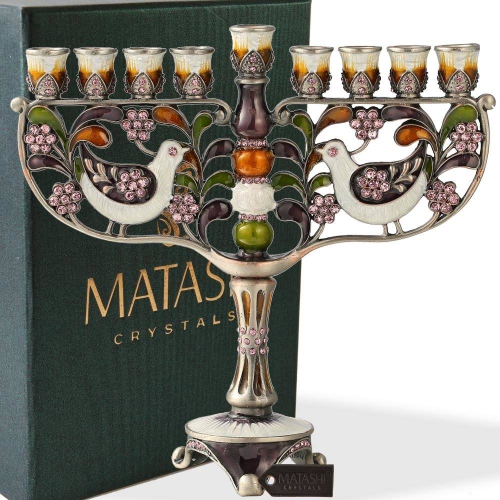 Hand Painted Enamel Menorah Candelabra with Gold Accents and Crystals P289