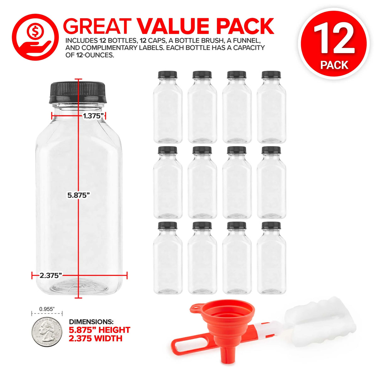 12 Pack Reusable Clear Plastic Juice Bottles with Caps X8970