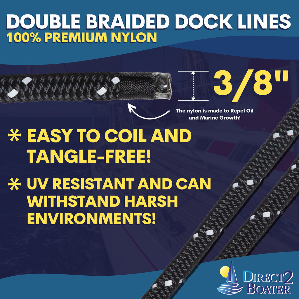 3/8" x 15' Black (2 Pack) Double Braided Nylon Dock Line J8347