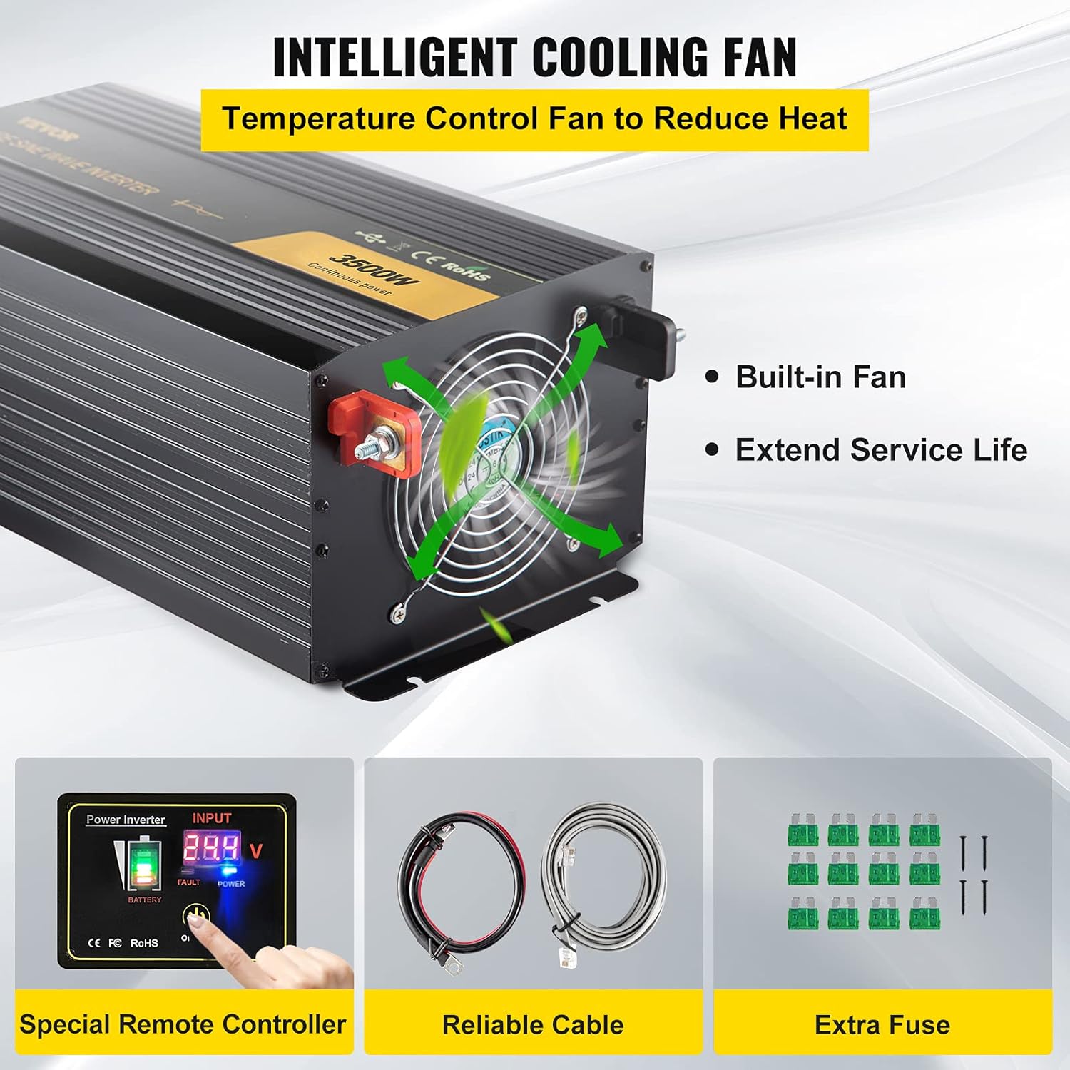 3500 Watt Pure Sine Wave Power Inverter, DC 24V to AC 120V, with USB Port and Remote Controller H90513