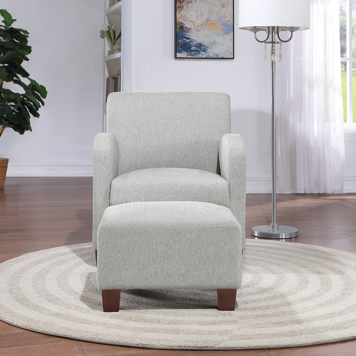 Chair & Ottoman Herringbone Smoke Gray Fabric with Medium Espresso Legs L24811