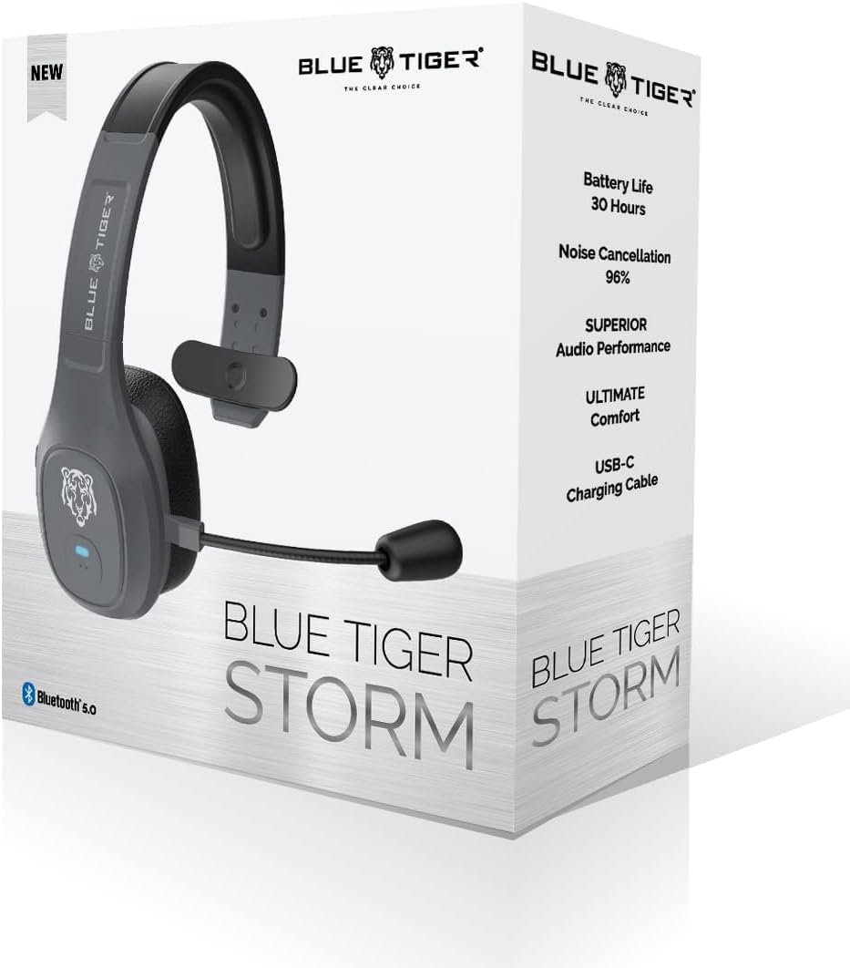 Blue Tiger Storm Wireless Bluetooth Headset with Noise Cancellation Bluetooth 5.0, 30 Hours Talk Time, 100 ft. Range H247