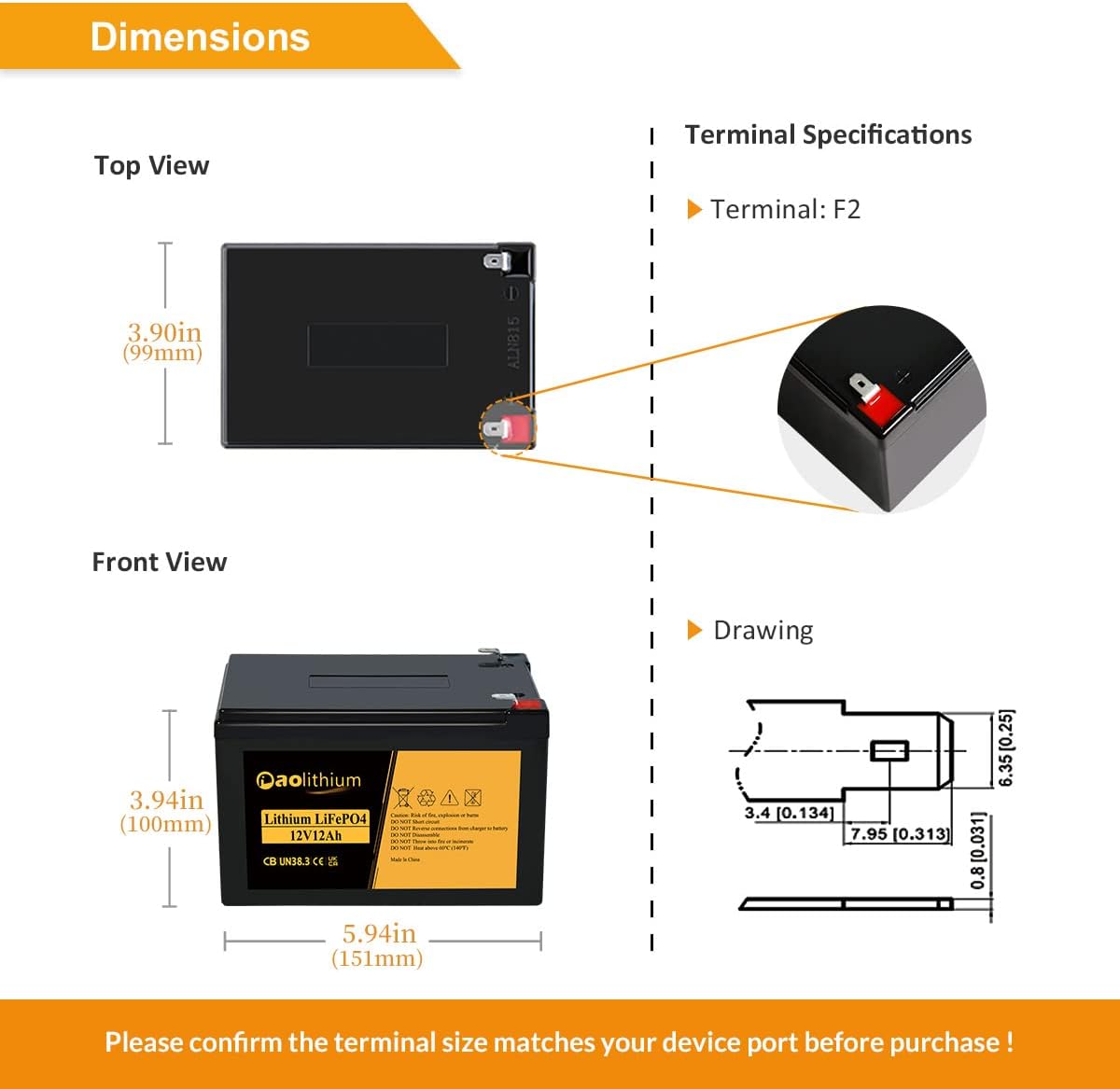 12V 12Ah LiFePO4 Deep Cycle Rechargeable Battery with Built-in BMS and F2 Terminal X5666