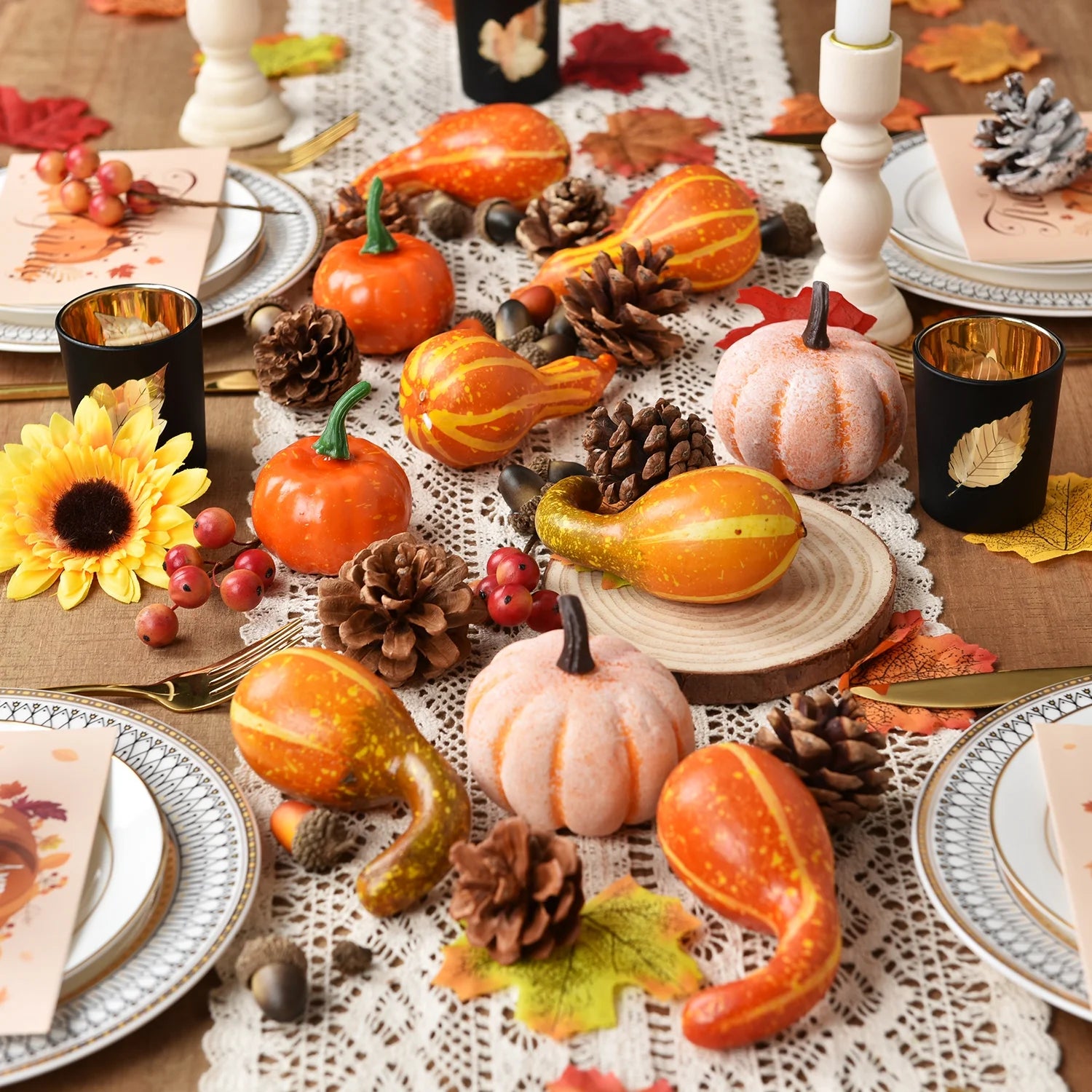 166 Pcs Assorted Artificial Pumpkins Pine Cones Maple Leaves Acorns Set P6094