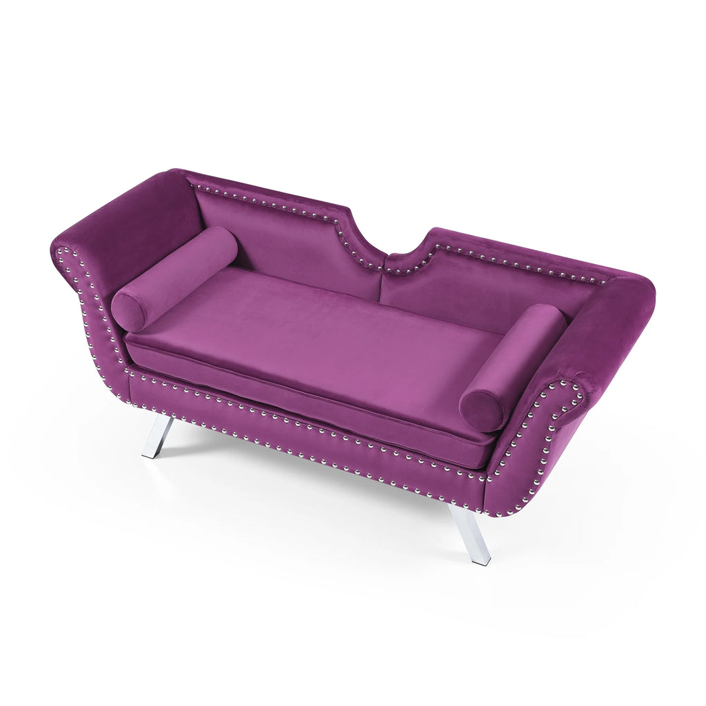 Purple Velvet Upholstered Loveseat with Removable Cushion Silver Metal Legs Y310