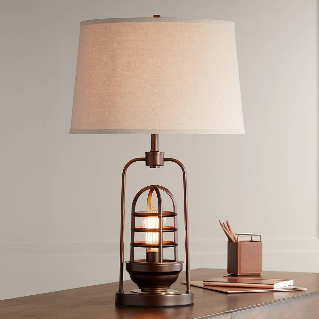 Industrial Table Lamp with Nightlight Antique LED Edison Bulb Rust Bronze Brown Cage Drum Shade J54391