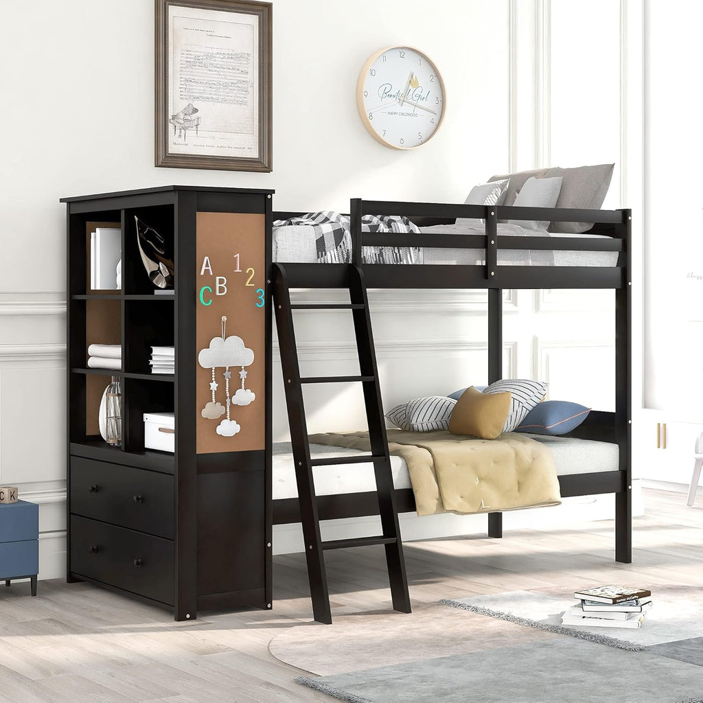 Twin Over Twin Bunk Bed with 6 Open Compartments and 2 Large Drawers N77476