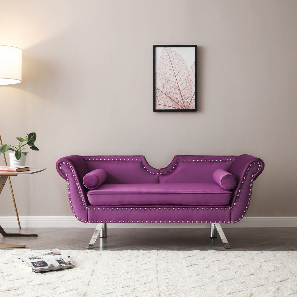 Purple Velvet Upholstered Loveseat with Removable Cushion Silver Metal Legs Y310