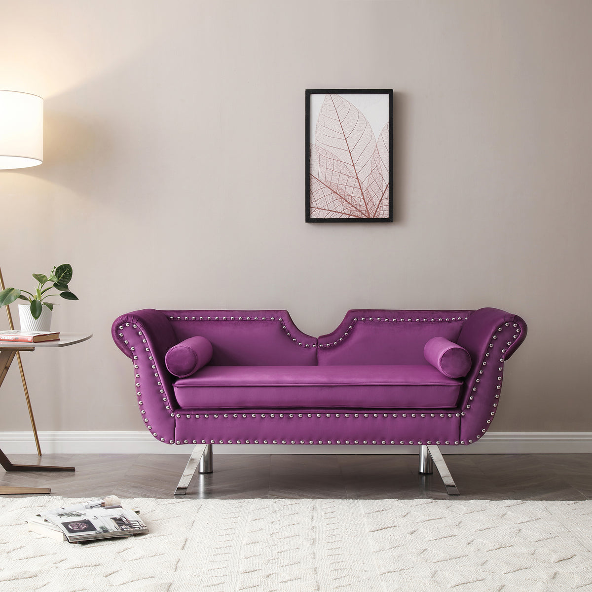 Purple Velvet Upholstered Loveseat with Removable Cushion Silver Metal Legs Y310