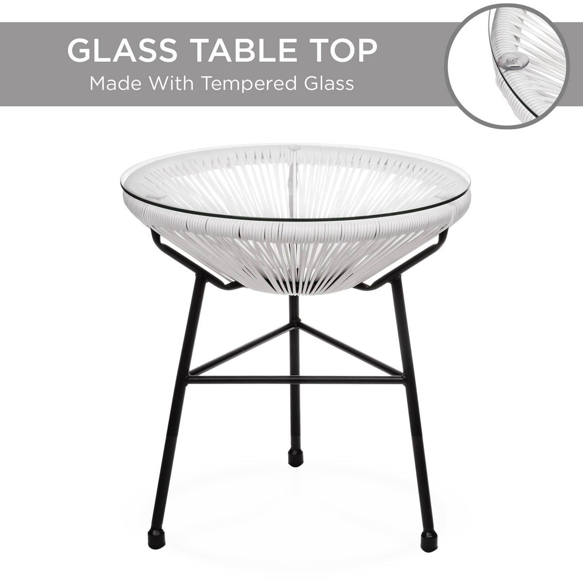 3-Piece All-Weather Patio Bistro Furniture Set with Rope Glass Top Table J4294