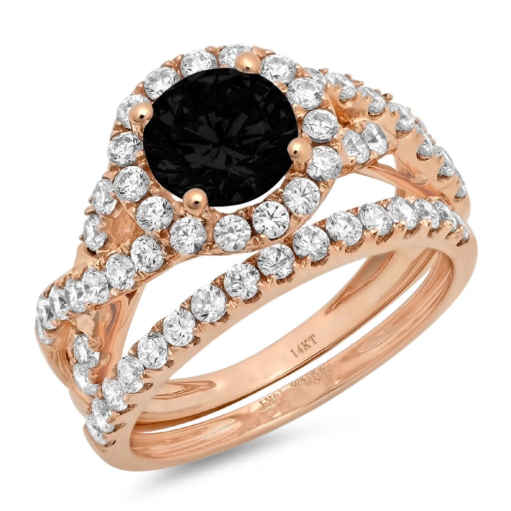 1.92 ct Round Cut Black Natural Onyx Real 18k Rose Gold Halo Ring Band Set Size 3.5 Y735