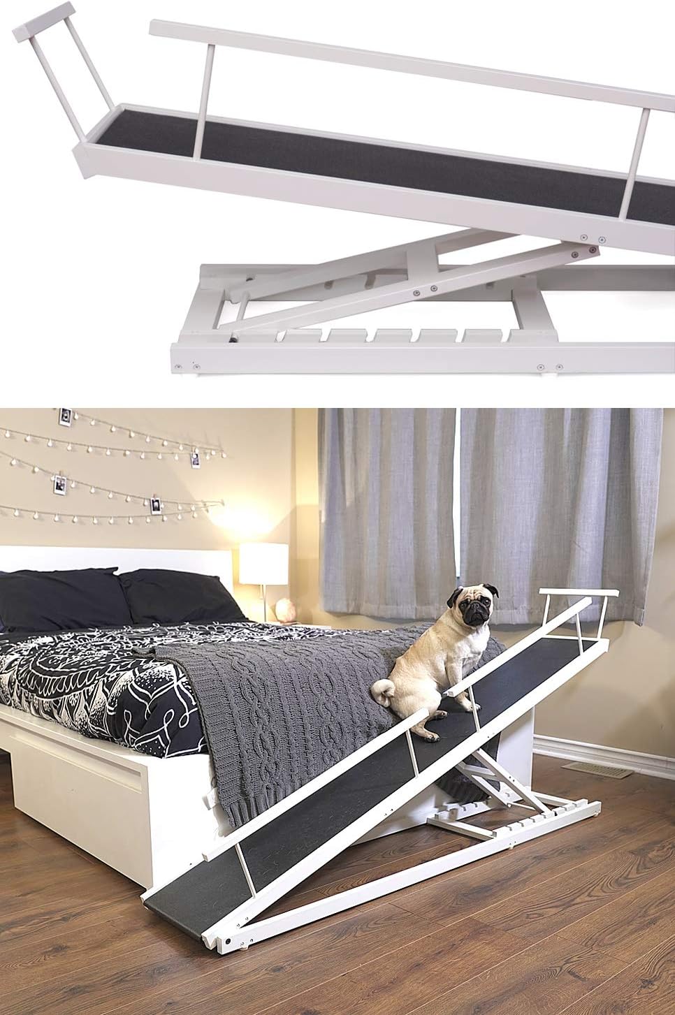 Solid Hardwood Dog Ramp for Beds, Adjustable up to 37" High, Safety Rails, Anti-Slip Grip D83433