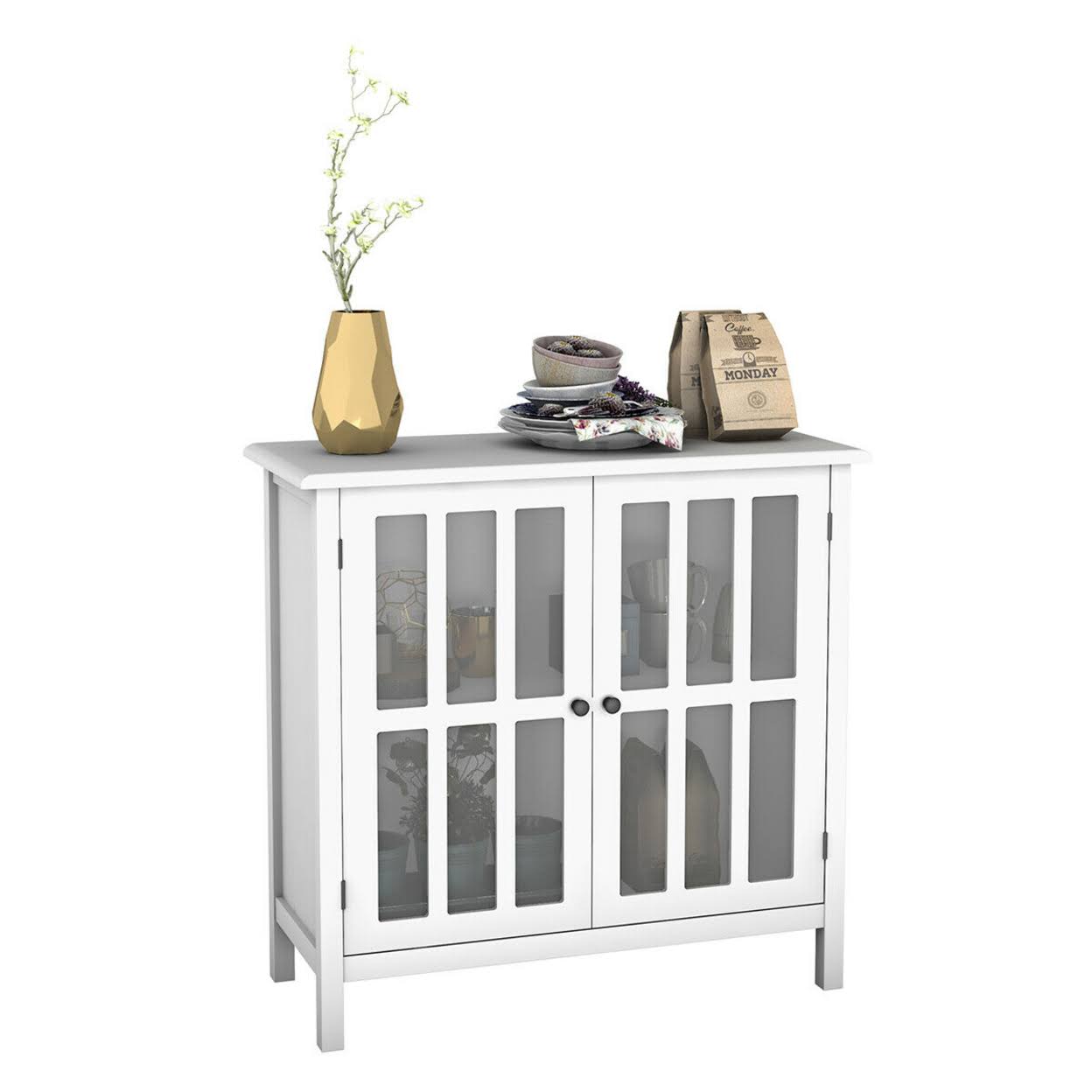 White Storage Buffet Cabinet with Glass Door Sideboard Console Table S931