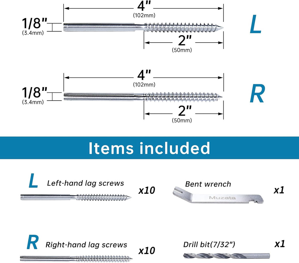 20Pack 1/8 Swage Lag Screws Left & Right Cable Railing Hardware Kit T316 Stainless Steel U265622