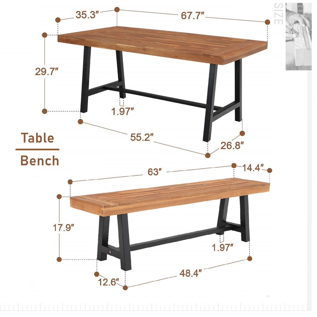 6-Piece Outdoor Dining Set with Acacia Wood Table, Bench and Wicker Chairs with Cushions A5466