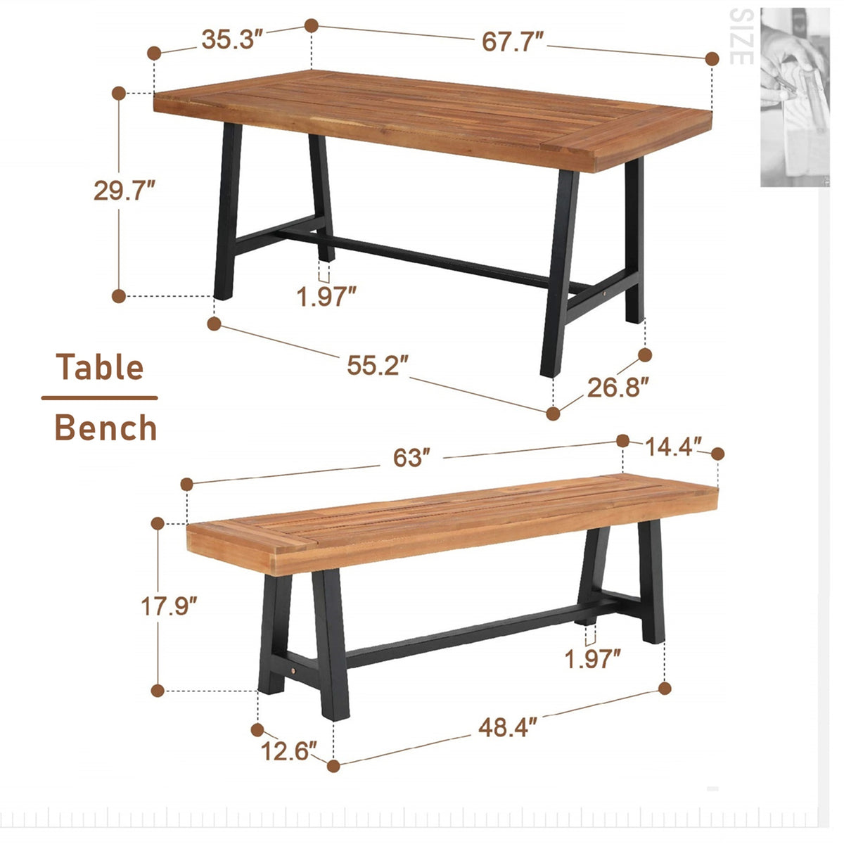 6-Piece Outdoor Dining Set with Acacia Wood Table, Bench and Wicker Chairs with Cushions A5466