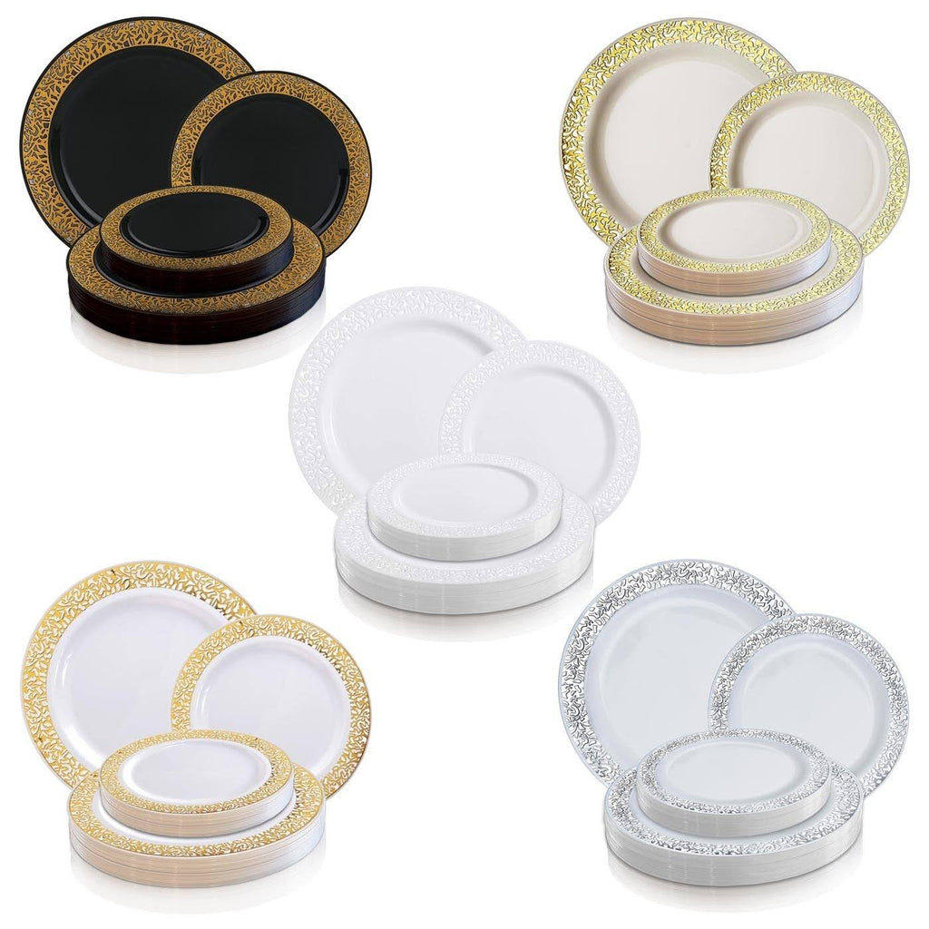 Black with Gold Rim Disposable Plastic Salad Plates 120pcs H377597