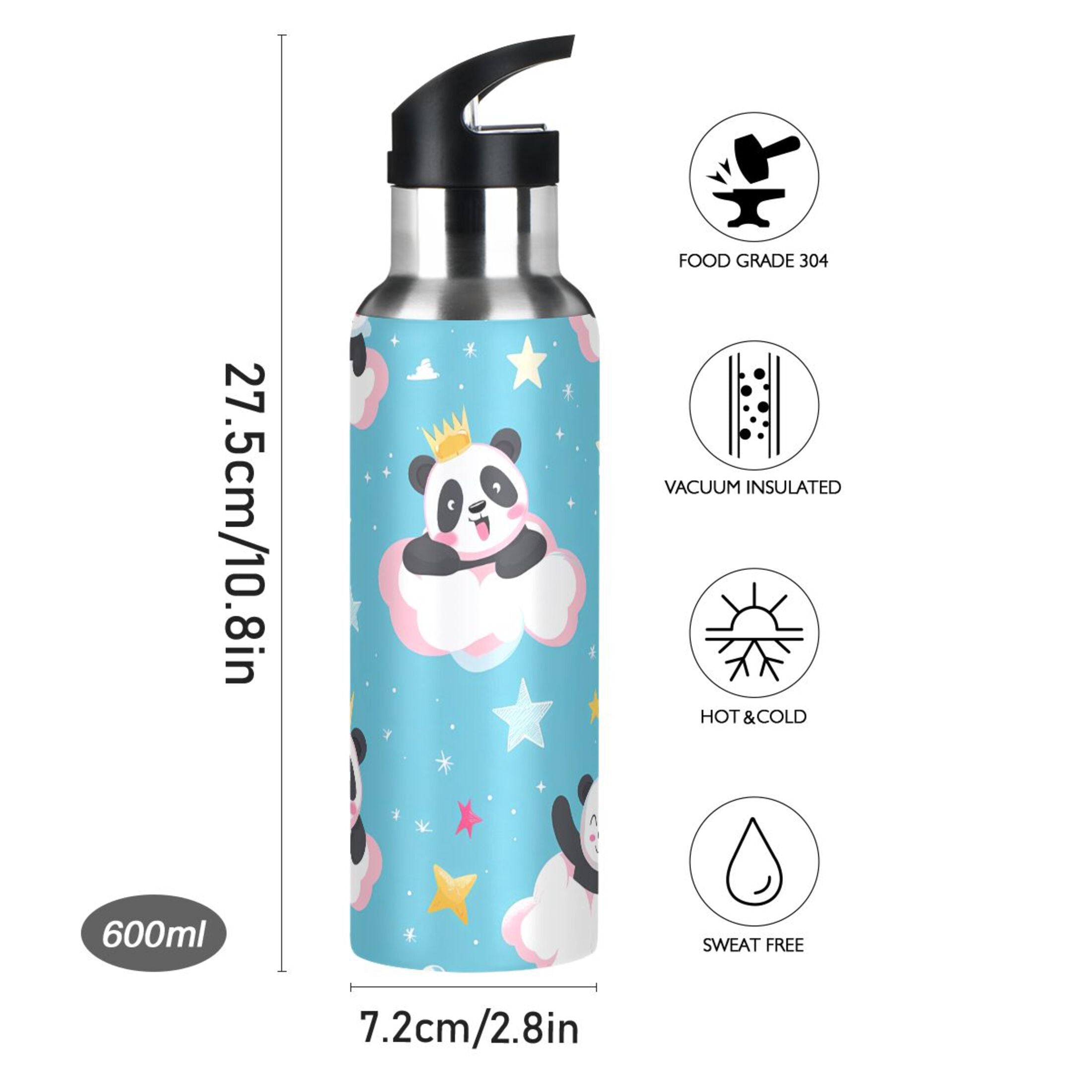 Cartoon Pandas and Stars Insulated Stainless Steel Water Bottle with Straw Lid 20 oz Q632