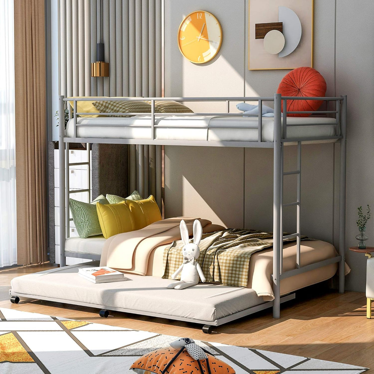 Twin Over Twin Metal Bunk Bed with Trundle and 2 Ladders (White) V725161