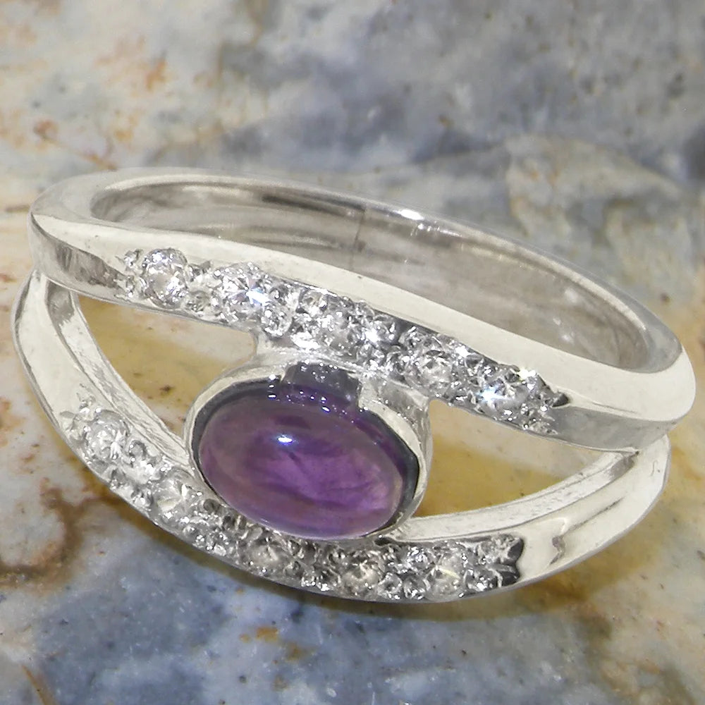 14k White Gold Natural Amethyst & Diamond Band Ring O343112