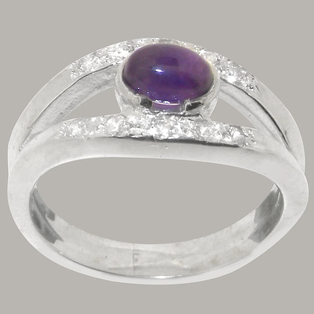14k White Gold Natural Amethyst & Diamond Band Ring O343112