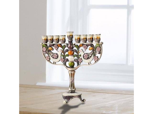 Hand Painted Enamel Menorah Candelabra with Gold Accents and Crystals P289