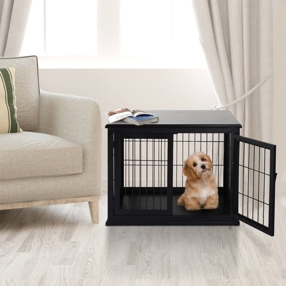 Black Wooden Dog Cage Pet Crate Kennel with Double Door T71372