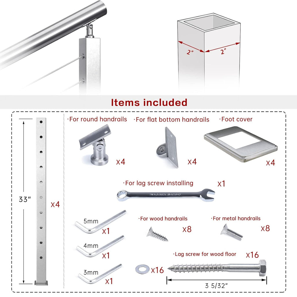 Stainless Steel Brushed Square Weldless Cable Railing Post 4Pack Z3604