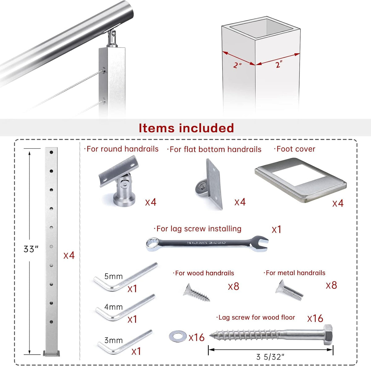 Stainless Steel Brushed Square Weldless Cable Railing Post 4Pack Z3604