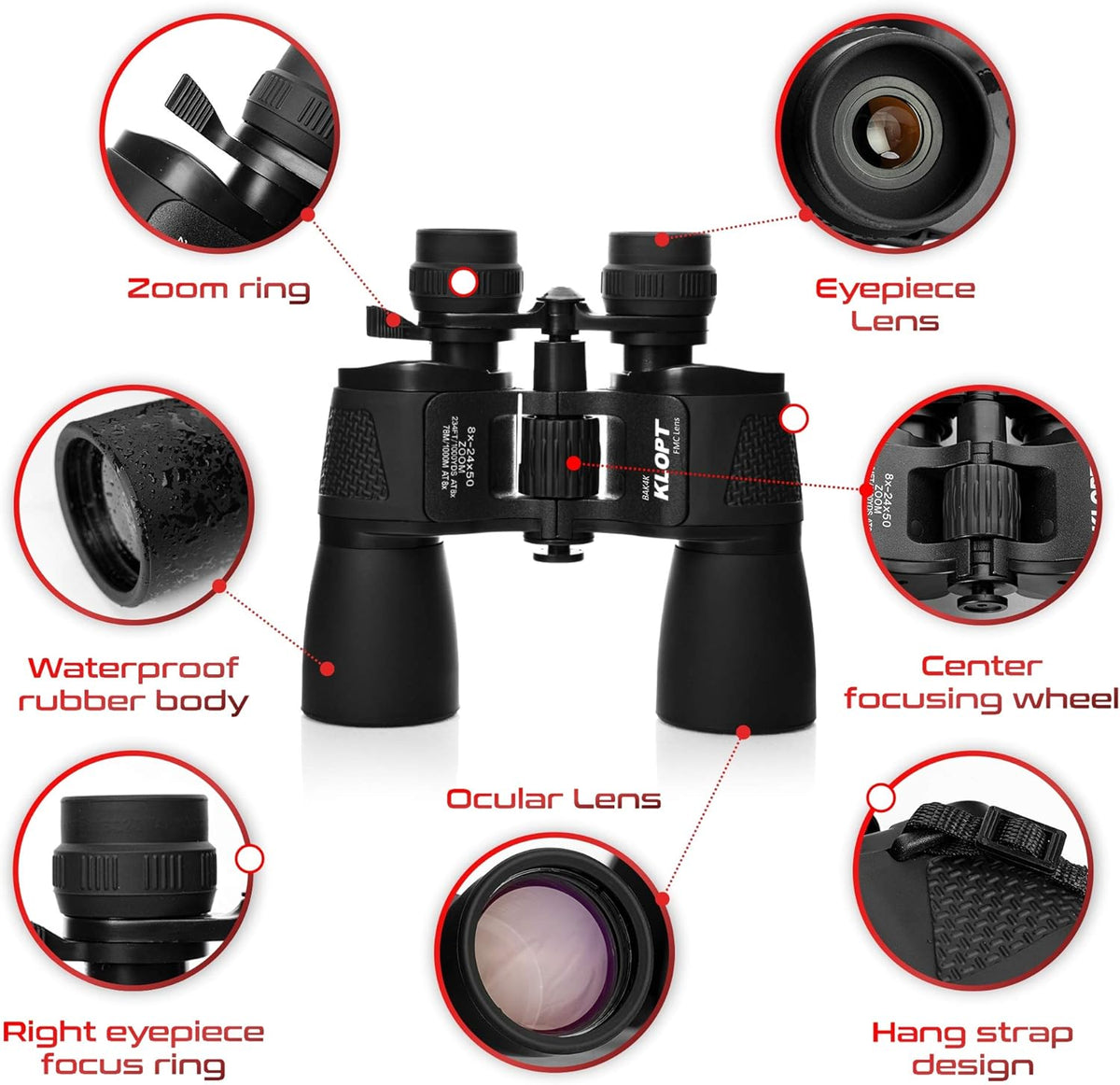 Zoom Binoculars 8x-24x50mm BAK4 Prism Porro Prism FMC Lens Binoculars with Carrying Case T81756