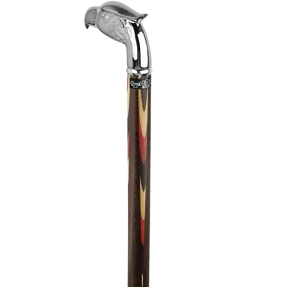 Chrome Plated Eagle Head Walking Cane with Inlaid Wenge Wood Shaft and Silver Collar X573