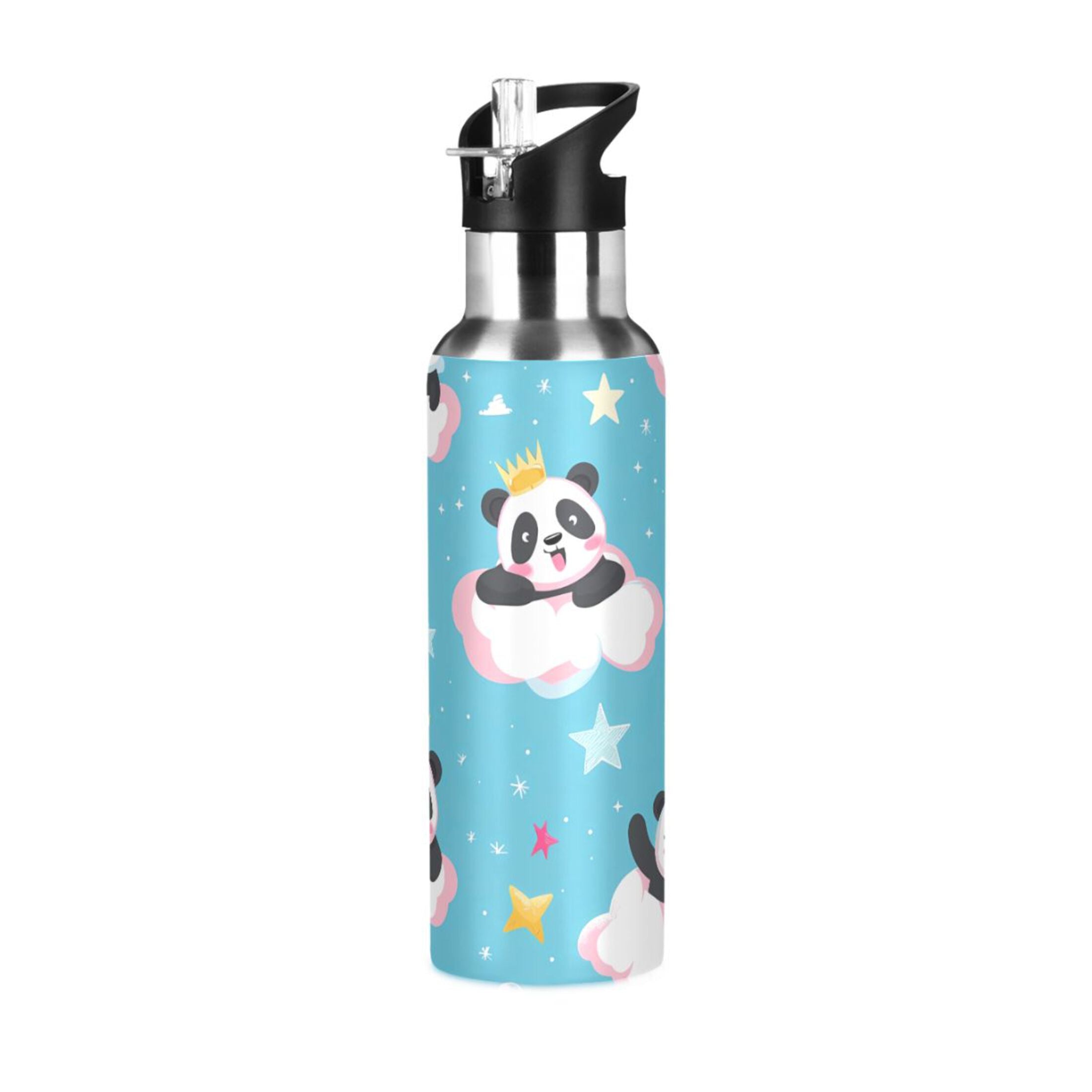 Cartoon Pandas and Stars Insulated Stainless Steel Water Bottle with Straw Lid 20 oz Q632