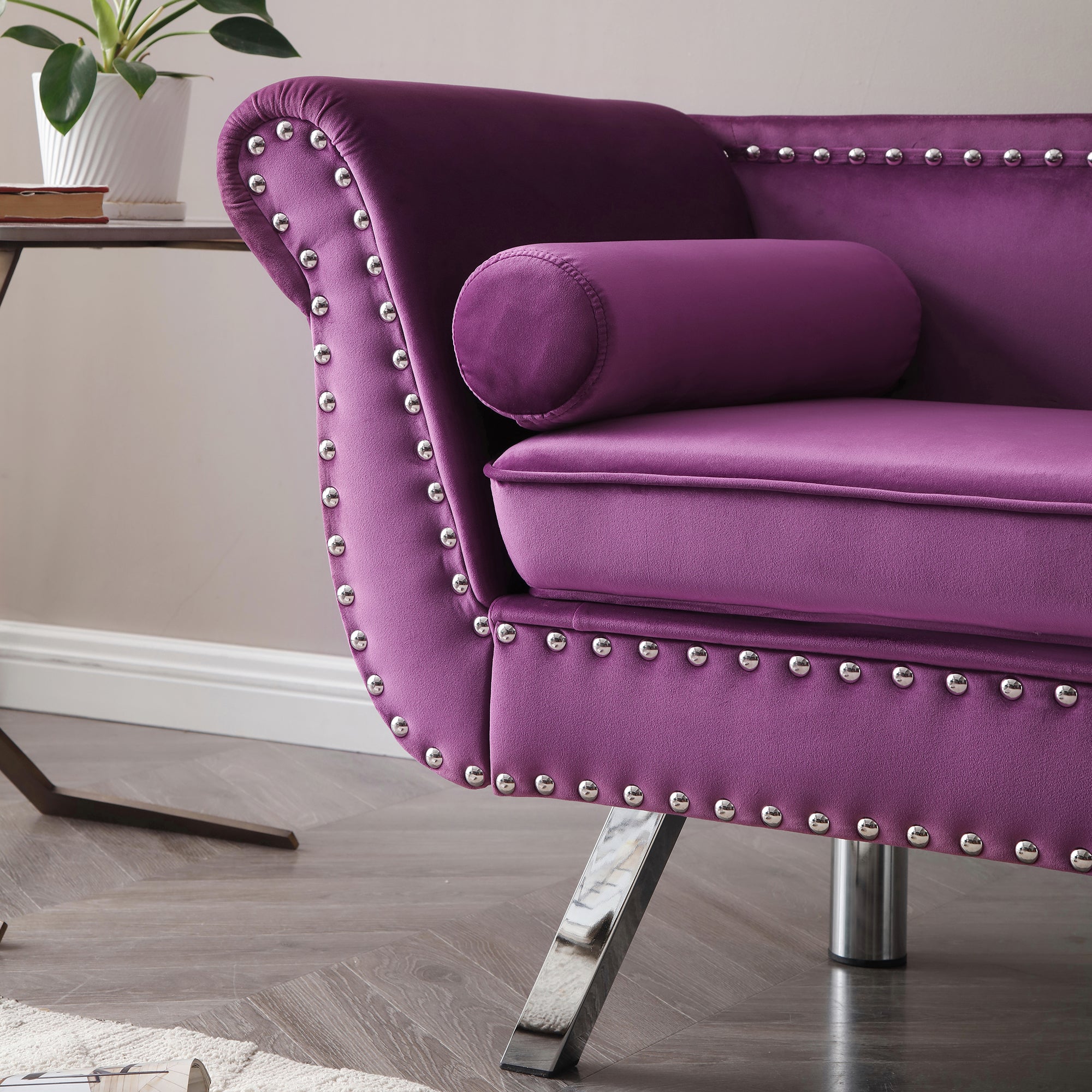 Purple Velvet Upholstered Loveseat with Removable Cushion Silver Metal Legs Y310