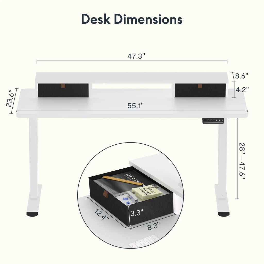 55"x24" Height Adjustable Standing Desk with 2 Drawers White Frame and White Top L693