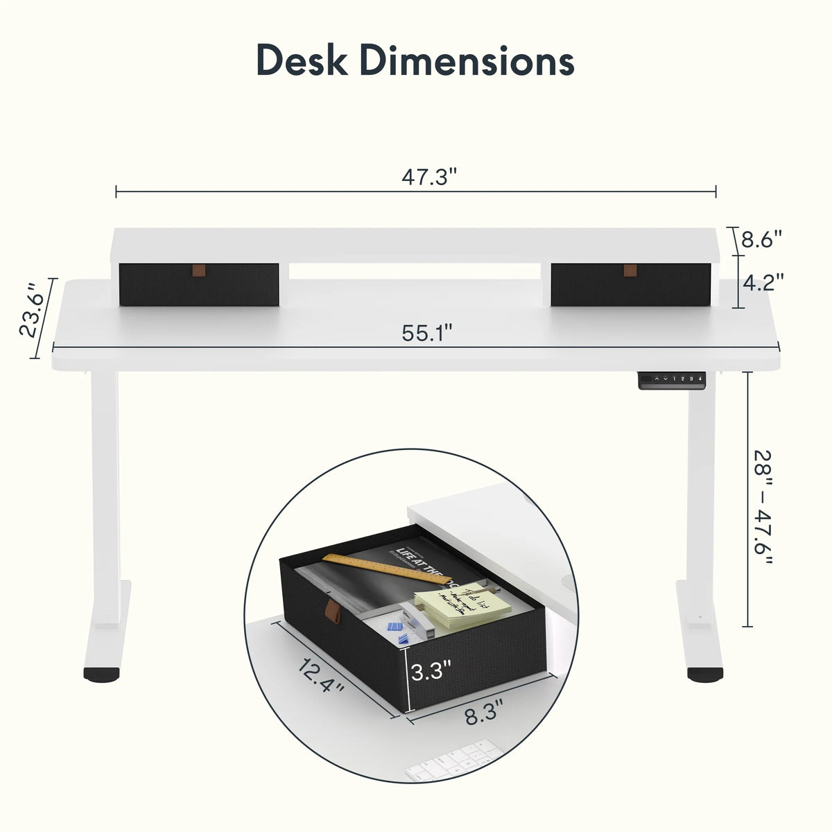 55"x24" Height Adjustable Standing Desk with 2 Drawers White Frame and White Top L693