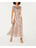Beige Sequined Belted Patterned Short Sleeve Jewel Neck Midi Fit + Flare Dress Petites 8P H48503