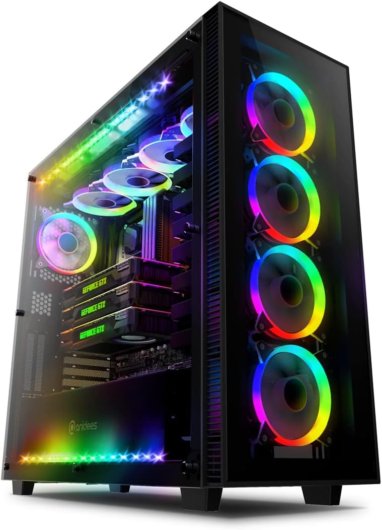 Black Full Tower Tempered Glass PC Case with 5 x 120 RGB Fans and 2 x LED Strips A756290