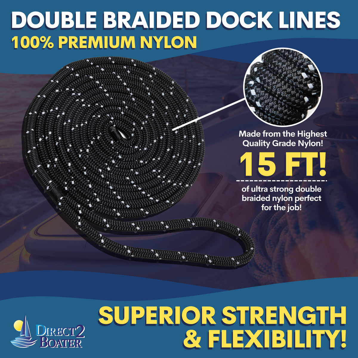 3/8" x 15' Black (2 Pack) Double Braided Nylon Dock Line J8347