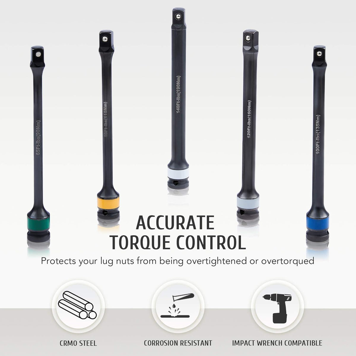 5pc 1/2" Drive Torque Limiting Extension Bar Set with 8 Inch Torque Sticks, 65-140 ft-lb, Pack of 2 B8172