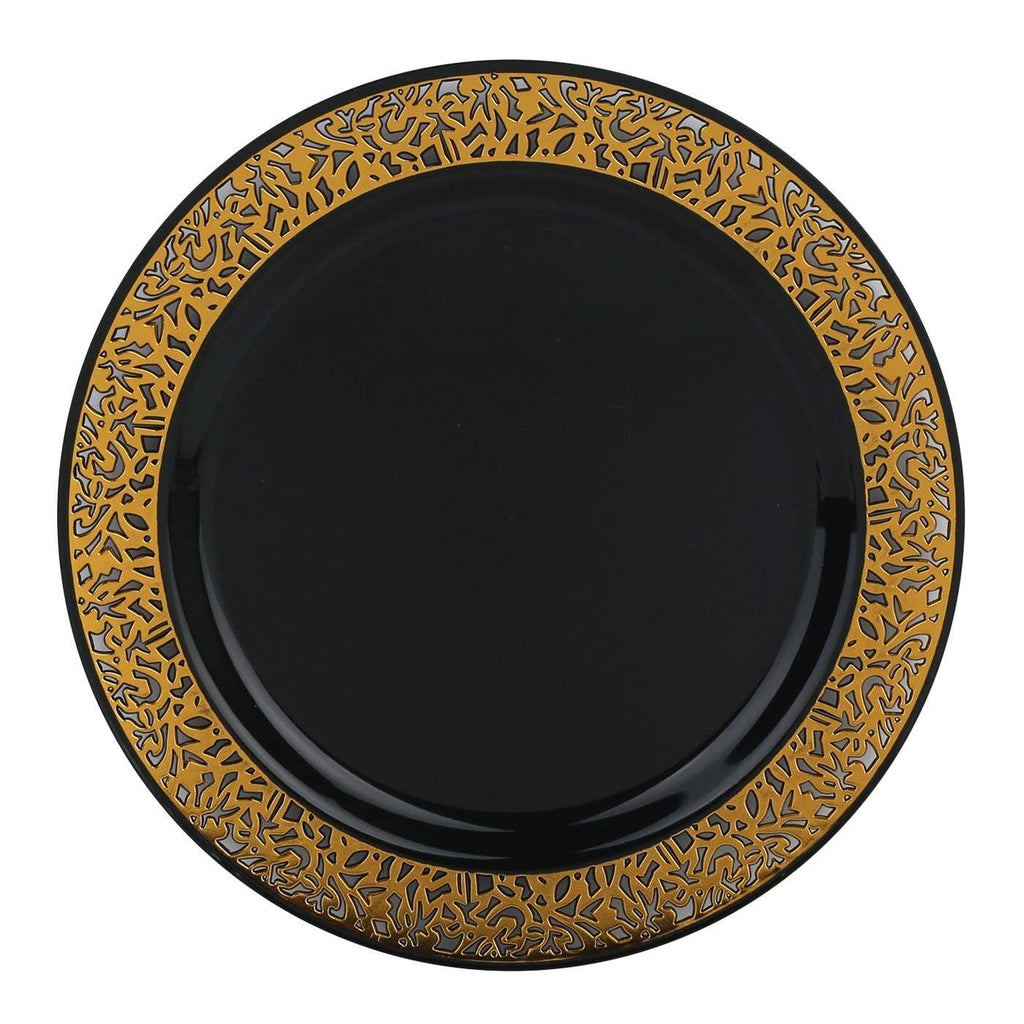 Black with Gold Rim Disposable Plastic Salad Plates 120pcs H377597