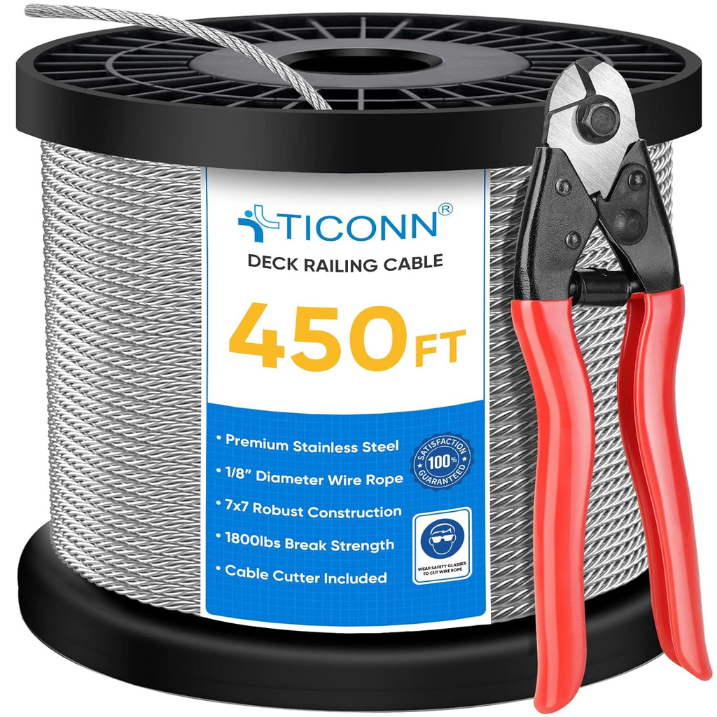 1/8 Stainless Steel Wire Rope Aircraft Cable 7x7 Strands 450ft with Cutter W4952