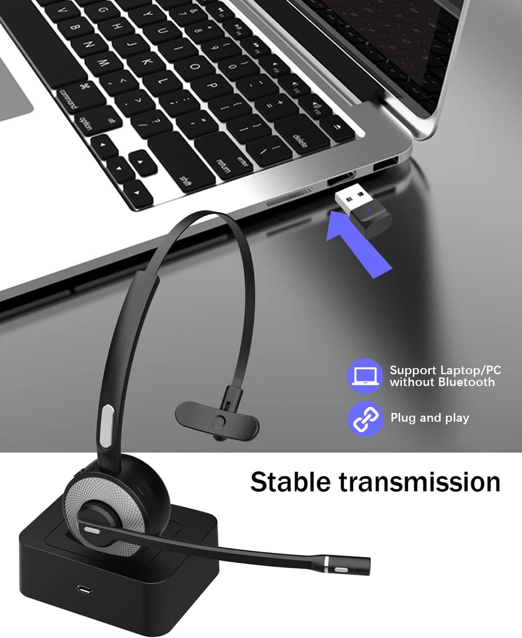Bluetooth Headset with USB Dongle, Single-Ear Wireless Headset with Noise Cancelling Microphone Charging Base, Pack of 2 L14017