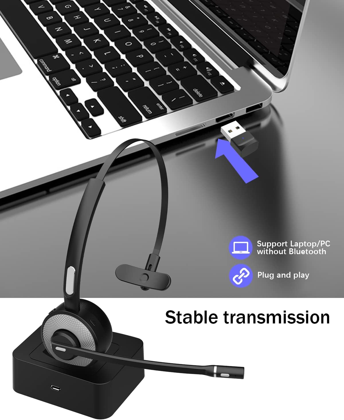 Bluetooth Headset with USB Dongle, Single-Ear Wireless Headset with Noise Cancelling Microphone Charging Base, Pack of 2 L14017