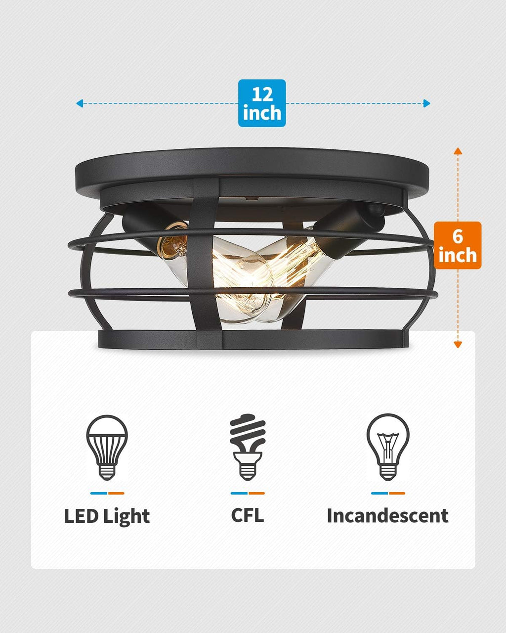 Industrial Flush Mount Ceiling Light, 12inch Farmhouse Metal Cage, Black Finish S52955
