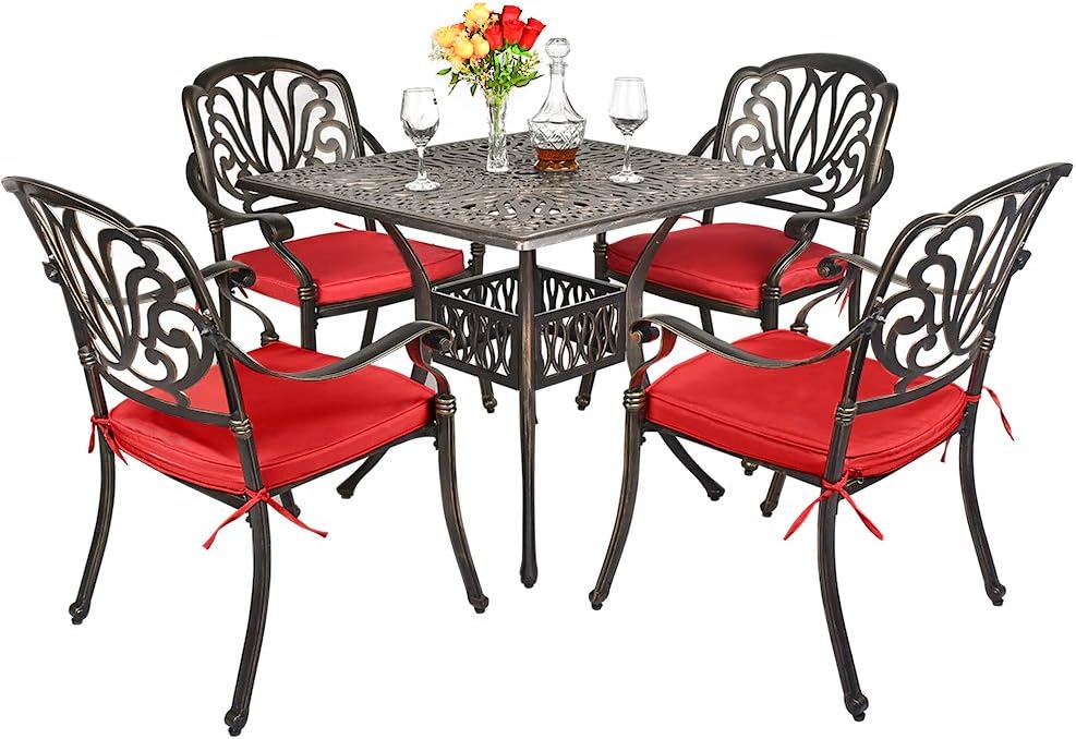 5-Piece Cast Aluminum Outdoor Dining Set with Umbrella Hole R86578